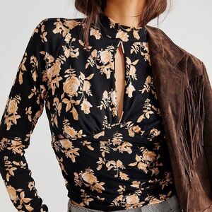 Free People Dinner Party Long Sleeve Top Floral Cream Black XS NWT
